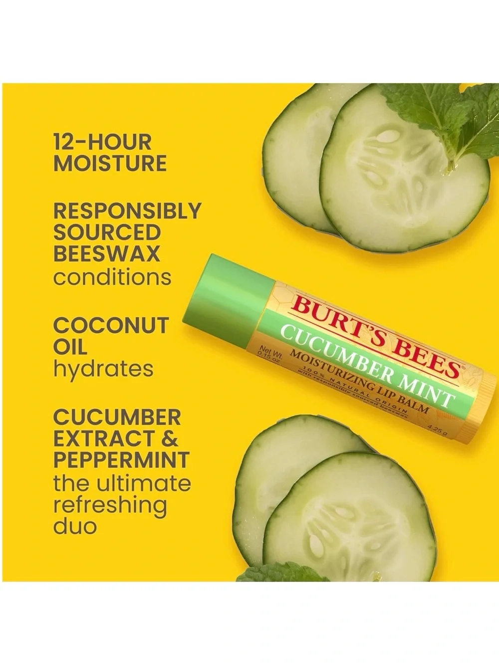3/$12 Burt's Bees Cucumber Mint Moisturizing Lip Balm .15oz